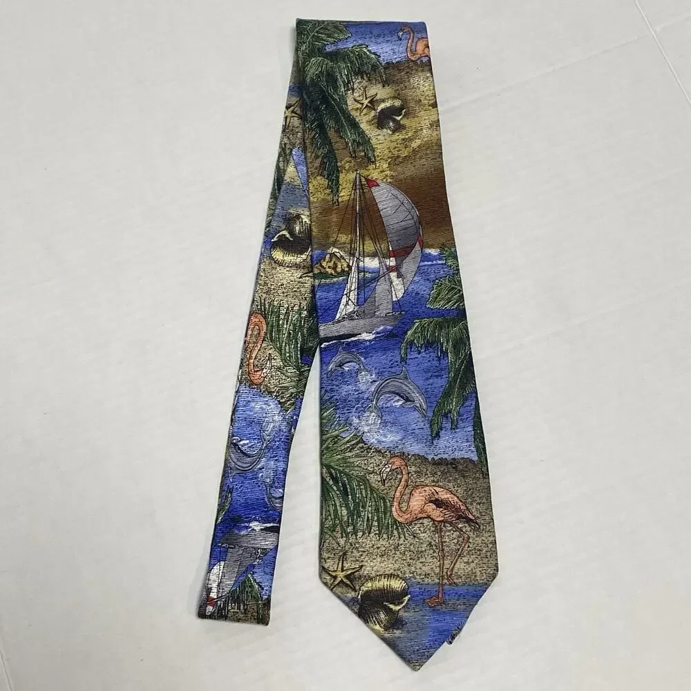 Tropicals by Tango Mens Silk Tie Flamingo Dolphins Sailboat Beach Resort Novelty